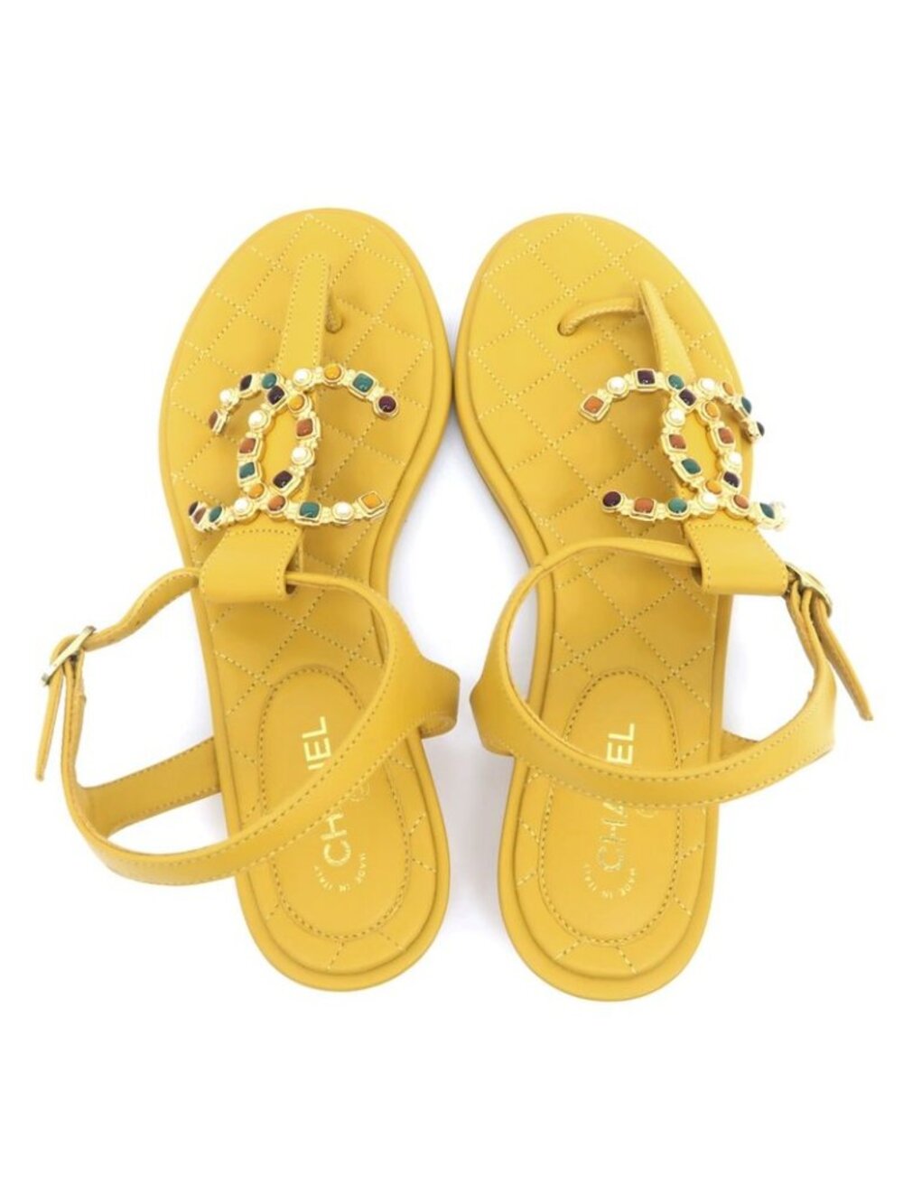 Chanel Flat Sandals Yellow 38 C Visual Coco Mark Shoes - Picture 6 of 10